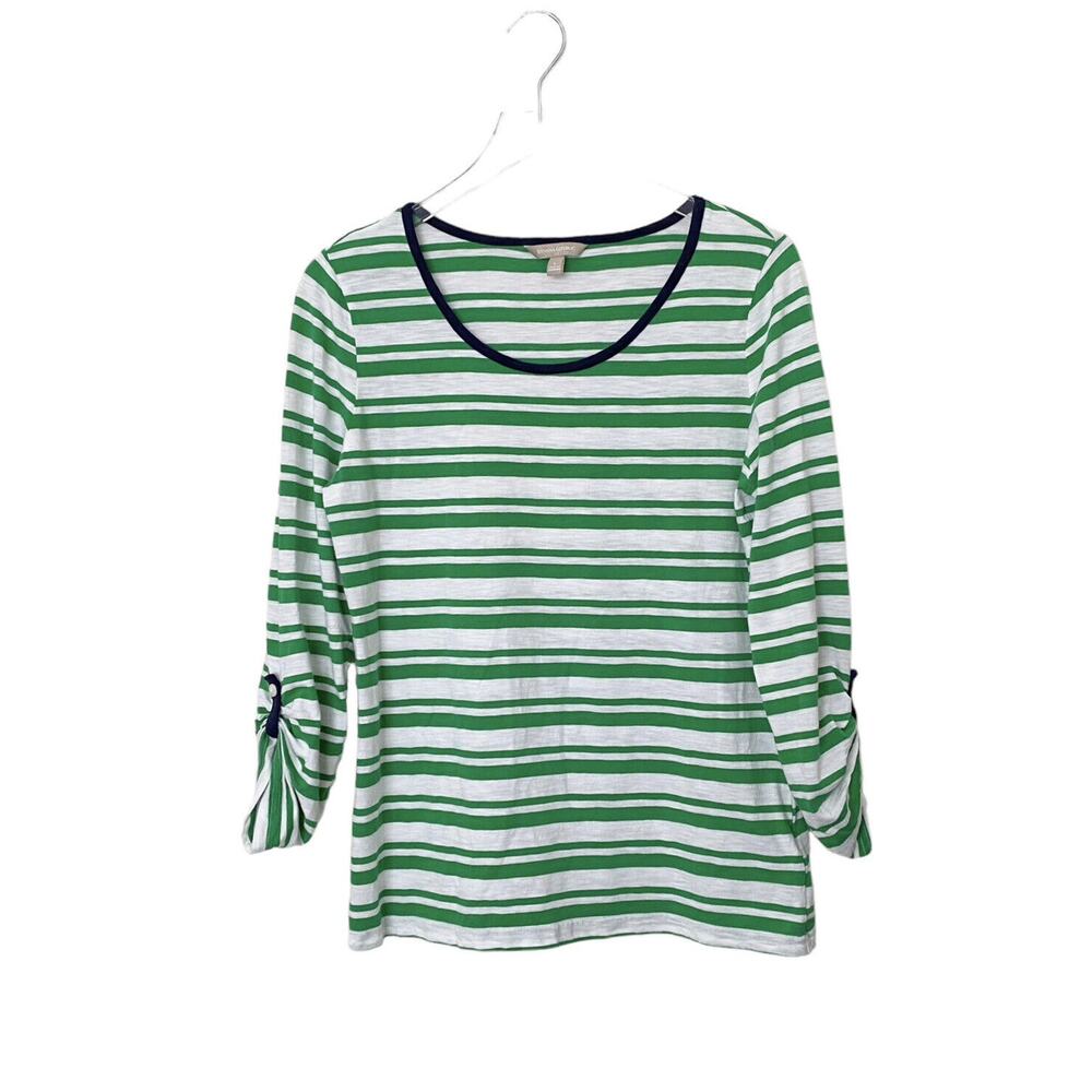 Banana Republic Women's Large long roll-up Tab sleeved shirt Green White Striped
